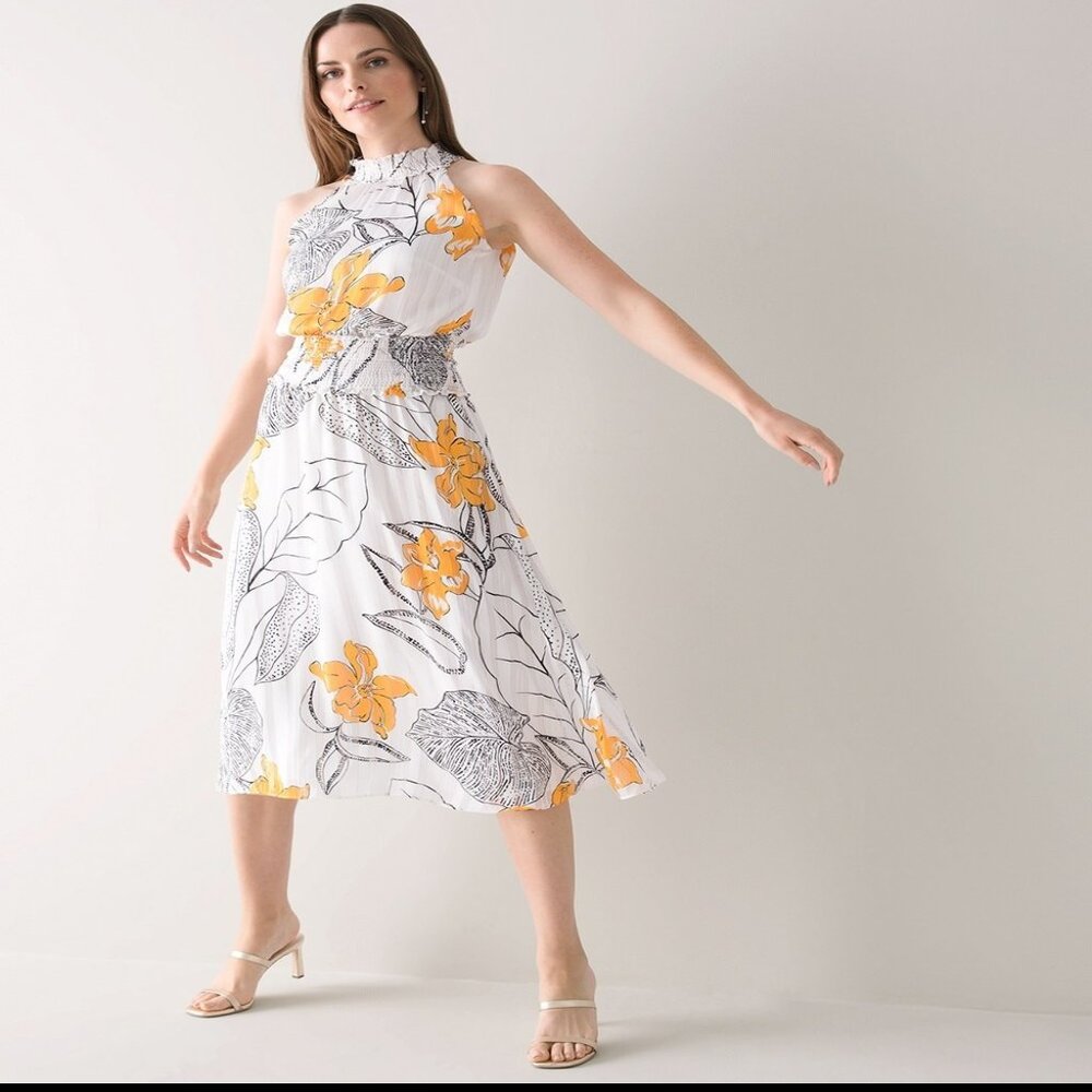 White House Black Market Sleeveless Smock Waist Midi Dress